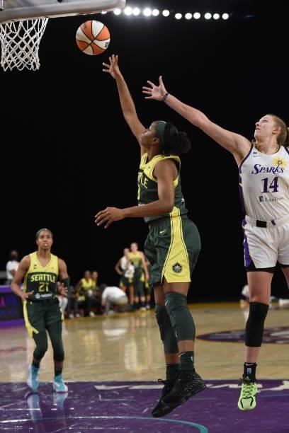Kennedy Burke of the Seattle Storm shoots the ball against the Los Angeles Sparks on July 4, 2021 at Los Angeles Convention Center in Los Angeles,...