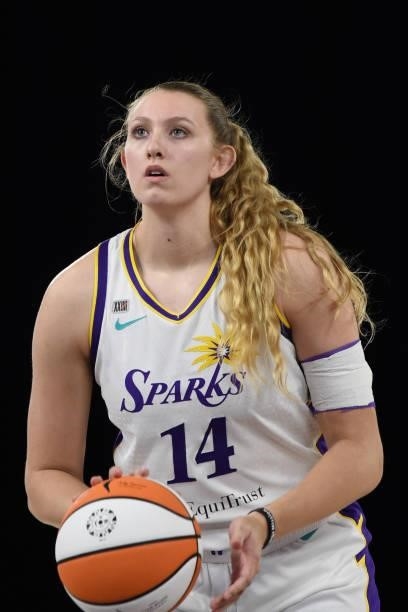 Lauren Cox of the Los Angeles Sparks shoots the ball against the Seattle Storm on July 4, 2021 at Los Angeles Convention Center in Los Angeles,...