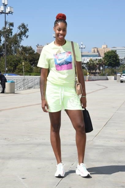 Bria Holmes of the Los Angeles Sparks arrives to the game against the Seattle Storm on July 4, 2021 at Los Angeles Convention Center in Los Angeles,...