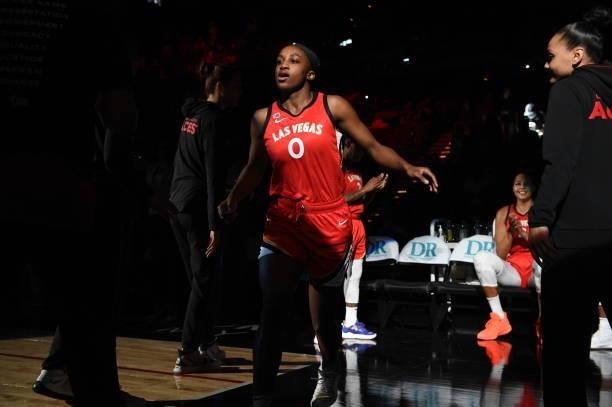 Jackie Young of the Las Vegas Aces is introduced before the game against the Atlanta Dream on July 4, 2021 at Michelob ULTRA Arena in Las Vegas,...