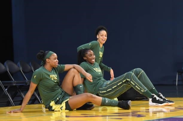 Kennedy Burke, Ezi Magbegor and Candice Dupree of the Seattle Storm looks smile before the game against the Los Angeles Sparks on July 4, 2021 at Los...