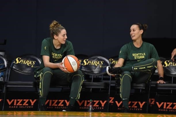 Katie Lou Samuelson and Stephanie Talbot of the Seattle Storm talk before the game against the Los Angeles Sparks on July 4, 2021 at Los Angeles...