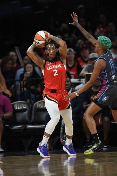 Riquna Williams of the Las Vegas Aces looks to pass the ball against the Atlanta Dream on July 4, 2021 at Michelob ULTRA Arena in Las Vegas, Nevada....