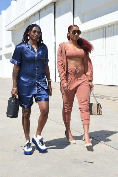 Erica Wheeler and Te'a Cooper of the Los Angeles Sparks arrive to the game against the Seattle Storm on July 4, 2021 at Los Angeles Convention Center...
