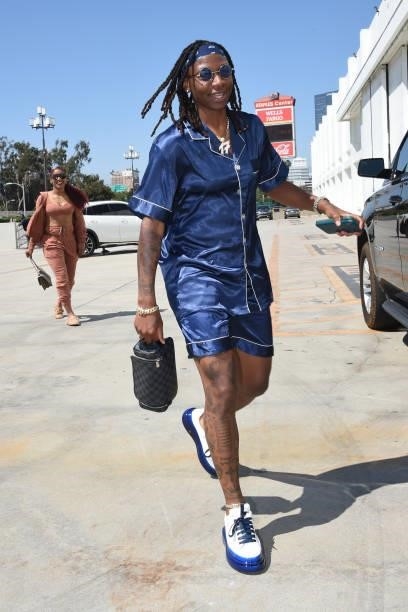 Erica Wheeler of the Los Angeles Sparks arrives to the game against the Seattle Storm on July 4, 2021 at Los Angeles Convention Center in Los...