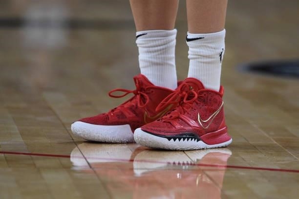 The sneakers worn by Kelsey Plum of the Las Vegas Aces during the game against the Atlanta Dream on July 4, 2021 at Michelob ULTRA Arena in Las...
