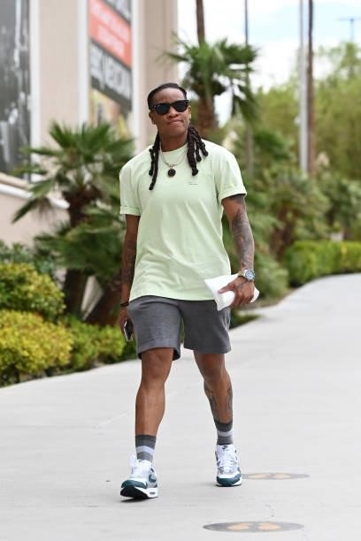 Riquna Williams of the Las Vegas Aces arrives to the game against the Atlanta Dream on July 4, 2021 at Michelob ULTRA Arena in Las Vegas, Nevada....