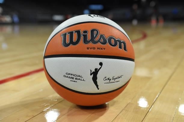 The official game ball of the WNBA pictured on court before the game on July 4, 2021 at Michelob ULTRA Arena in Las Vegas, Nevada. NOTE TO USER: User...