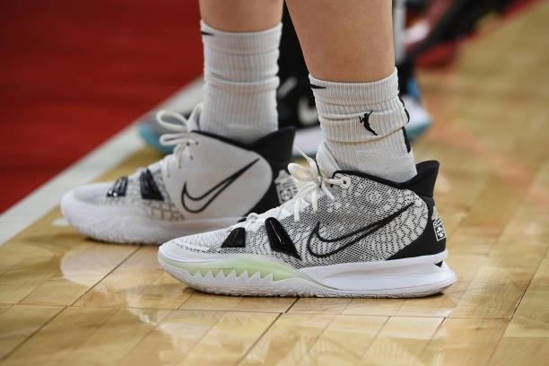 The sneakers worn by JiSu Park of the Las Vegas Aces during the game against the Atlanta Dream on July 4, 2021 at Michelob ULTRA Arena in Las Vegas,...