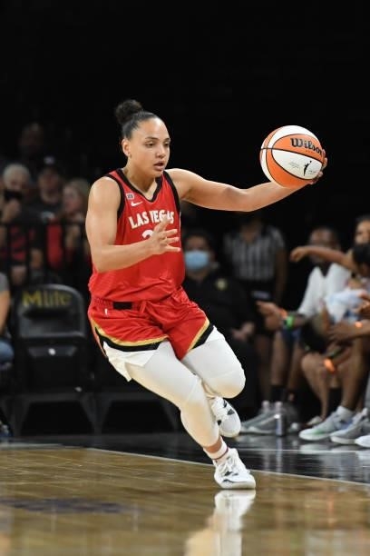 Destiny Slocum of the Las Vegas Aces handles the ball against the Atlanta Dream on July 4, 2021 at Michelob ULTRA Arena in Las Vegas, Nevada. NOTE TO...