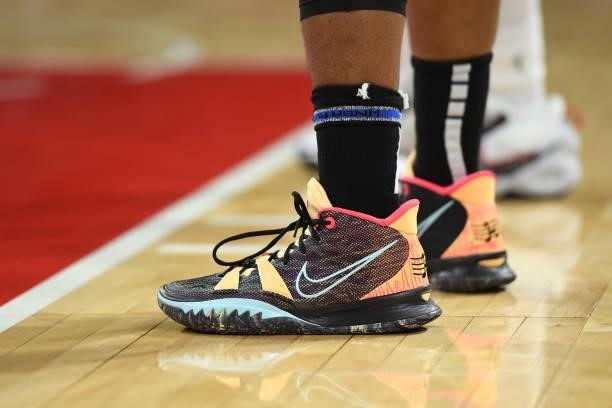 The sneakers worn by Emma Cannon of the Las Vegas Aces during the game against the Atlanta Dream on July 4, 2021 at Michelob ULTRA Arena in Las...
