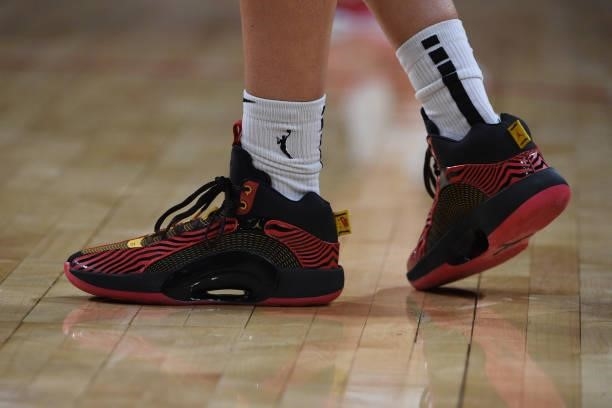 The sneakers worn by Dearica Hamby of the Las Vegas Aces during the game against the Atlanta Dream on July 4, 2021 at Michelob ULTRA Arena in Las...