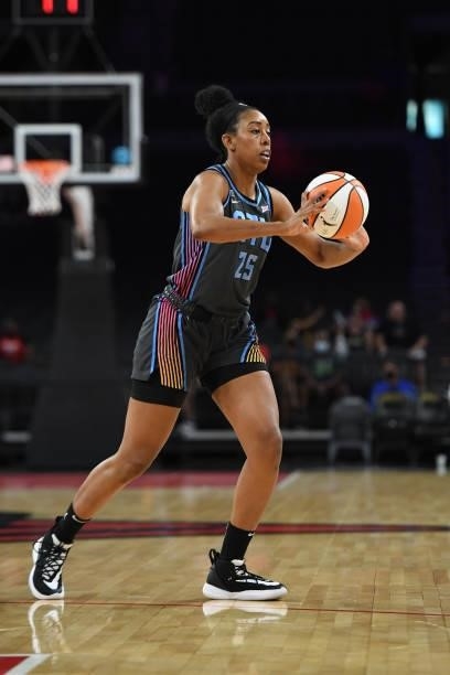 Monique Billings of the Atlanta Dream passes the ball against the Las Vegas Aces on July 4, 2021 at Michelob ULTRA Arena in Las Vegas, Nevada. NOTE...