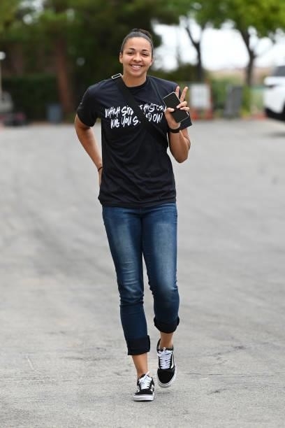 Kiah Stokes of theLas Vegas Aces arrives to the game against the Atlanta Dream on July 4, 2021 at Michelob ULTRA Arena in Las Vegas, Nevada. NOTE TO...