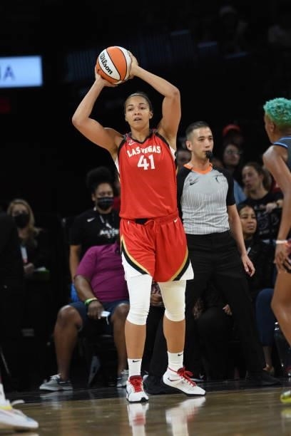 Kiah Stokes of theLas Vegas Aces looks to pass the ball against the Atlanta Dream on July 4, 2021 at Michelob ULTRA Arena in Las Vegas, Nevada. NOTE...