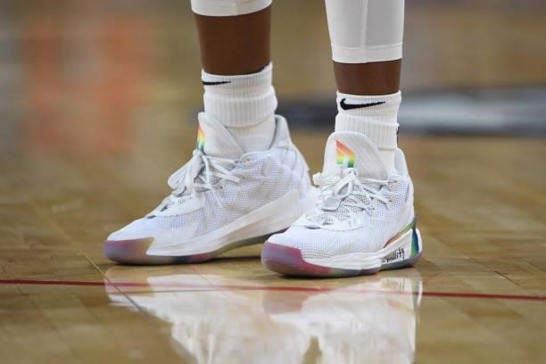 The sneakers worn by Chelsea Gray of the Las Vegas Aces during the game against the Atlanta Dream on July 4, 2021 at Michelob ULTRA Arena in Las...