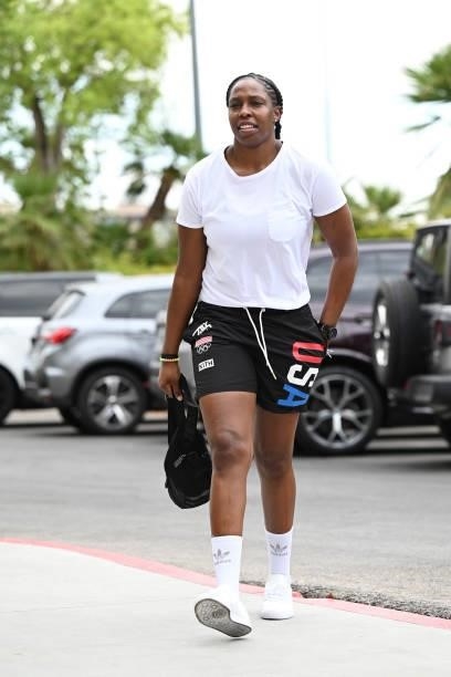 Chelsea Gray of the Las Vegas Aces arrives to the game against the Atlanta Dream on July 4, 2021 at Michelob ULTRA Arena in Las Vegas, Nevada. NOTE...