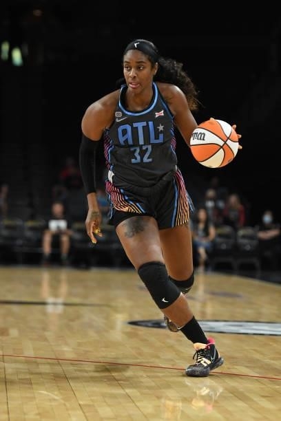 Cheyenne Parker of the Atlanta Dream handles the ball against the Las Vegas Aces on July 4, 2021 at Michelob ULTRA Arena in Las Vegas, Nevada. NOTE...