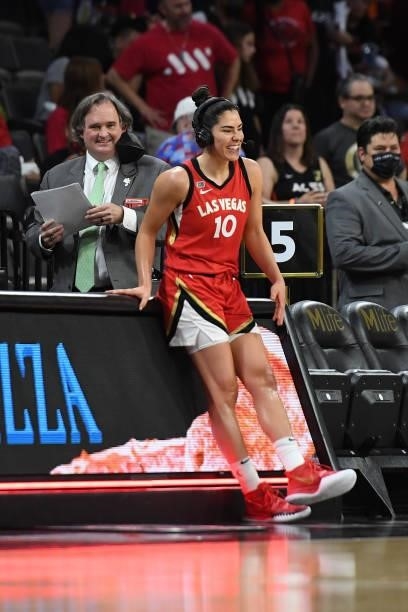 Kelsey Plum of the Las Vegas Aces talks with the media after the game against the Atlanta Dream on July 4, 2021 at Michelob ULTRA Arena in Las Vegas,...