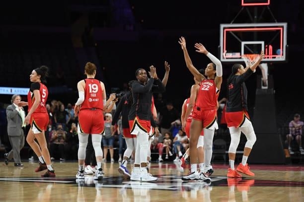 The Las Vegas Aces wave to the crowd after the game against the Atlanta Dream on July 4, 2021 at Michelob ULTRA Arena in Las Vegas, Nevada. NOTE TO...