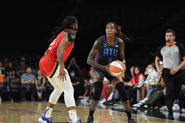 Crystal Bradford of the Atlanta Dream handles the ball against the Las Vegas Aces on July 4, 2021 at Michelob ULTRA Arena in Las Vegas, Nevada. NOTE...