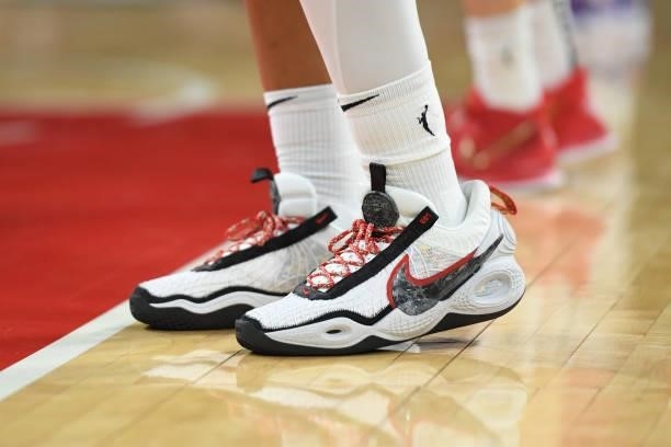 The sneakers worn by A'ja Wilson of the Las Vegas Aces during the game against the Atlanta Dream on July 4, 2021 at Michelob ULTRA Arena in Las...