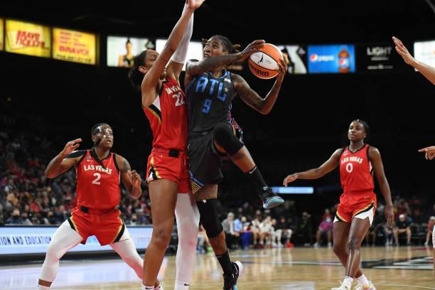 Crystal Bradford of the Atlanta Dream drives to the basket against the Las Vegas Aces on July 4, 2021 at Michelob ULTRA Arena in Las Vegas, Nevada....