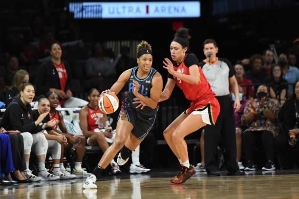Tianna Hawkins of the Atlanta Dream drives to the basket against the Las Vegas Aces on July 4, 2021 at Michelob ULTRA Arena in Las Vegas, Nevada....