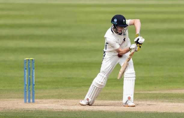 Harry Brook of Yorkshire is struck by a ball from Ben Sanderson of Northamptonshire during day two of the LV= Insurance County Championship match...