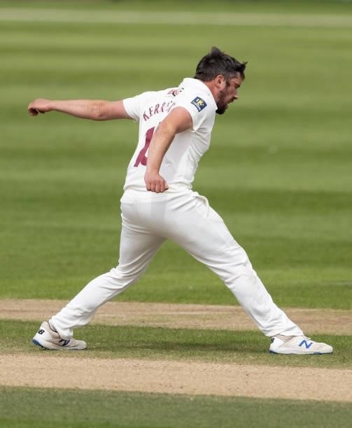 Simon Kerrigan of Northamptonshire celebrates after taking the wicket of George Hill of Yorkshire during day two of the LV= Insurance County...