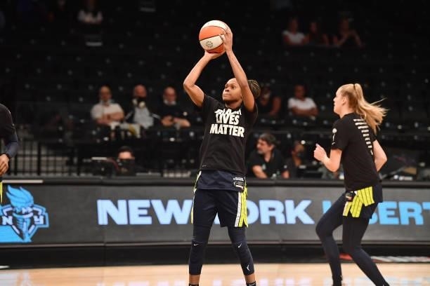 Moriah Jefferson of the Dallas Wings shoots the ball before the game against the New York Liberty on July 5, 2021 at the Barclays Center in Brooklyn,...