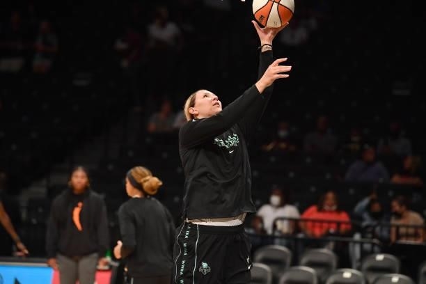 Kylee Shook of the New York Liberty shoots the ball before the game against the Dallas Wings on July 5, 2021 at the Barclays Center in Brooklyn, New...