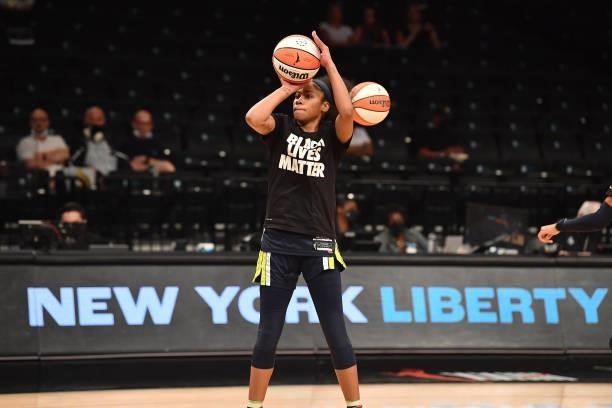 Tyasha Harris of the Dallas Wings shoots the ball before the game against the New York Liberty on July 5, 2021 at the Barclays Center in Brooklyn,...