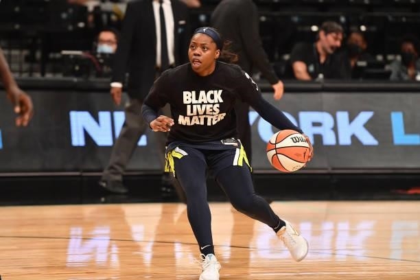 Arike Ogunbowale of the Dallas Wings dribbles the ball before the game against the New York Liberty on July 5, 2021 at the Barclays Center in...