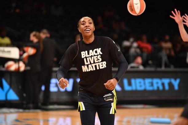 Kayla Thornton of the Dallas Wings smiles before the game against the New York Liberty on July 5, 2021 at the Barclays Center in Brooklyn, New York....