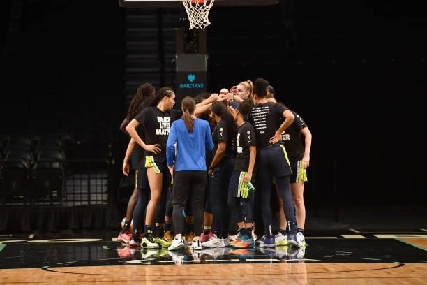 The Dallas Wings huddle up before the game against the New York Liberty on July 5, 2021 at the Barclays Center in Brooklyn, New York. NOTE TO USER:...