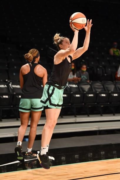 Sami Whitcomb of the New York Liberty shoots the ball before the game against the Dallas Wings on July 5, 2021 at the Barclays Center in Brooklyn,...