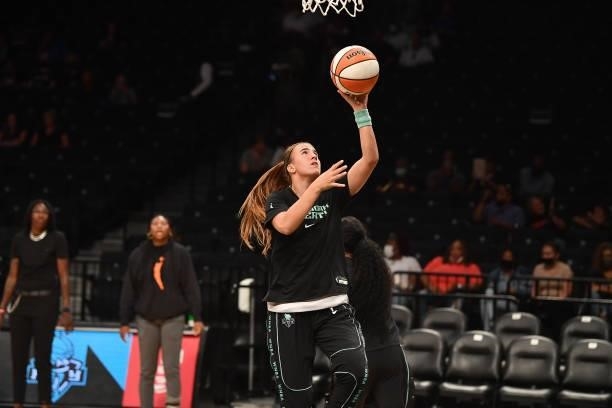 Sabrina Ionescu of the New York Liberty drives to the basket before the game against the Dallas Wings on July 5, 2021 at the Barclays Center in...