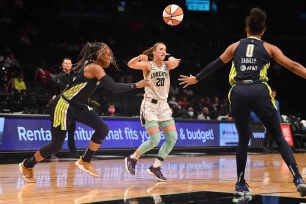 Sabrina Ionescu of the New York Liberty passes the ball during the game against the Dallas Wings on July 5, 2021 at the Barclays Center in Brooklyn,...