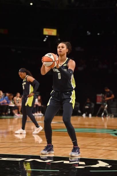 Satou Sabally of the Dallas Wings looks to shoot a free throw against the New York Liberty on July 5, 2021 at the Barclays Center in Brooklyn, New...