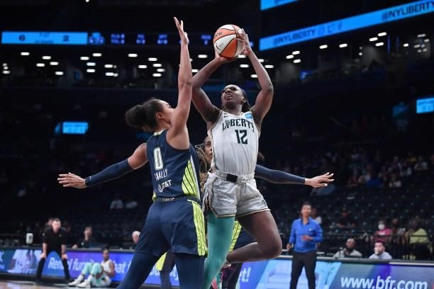 Michaela Onyenwere of the New York Liberty shoots the ball against the Dallas Wings on July 5, 2021 at the Barclays Center in Brooklyn, New York....
