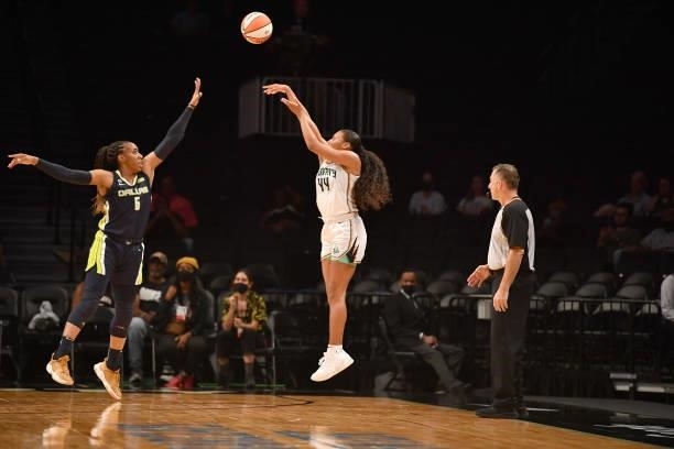 Betnijah Laney of the New York Liberty shoots the ball over Kayla Thornton of the Dallas Wings on July 5, 2021 at the Barclays Center in Brooklyn,...