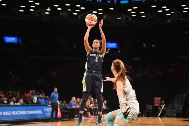 Moriah Jefferson of the Dallas Wings shoots the ball against the New York Liberty on July 5, 2021 at the Barclays Center in Brooklyn, New York. NOTE...