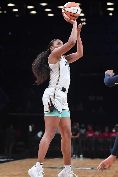 Betnijah Laney of the New York Liberty shoots the ball against the Dallas Wings on July 5, 2021 at the Barclays Center in Brooklyn, New York. NOTE TO...