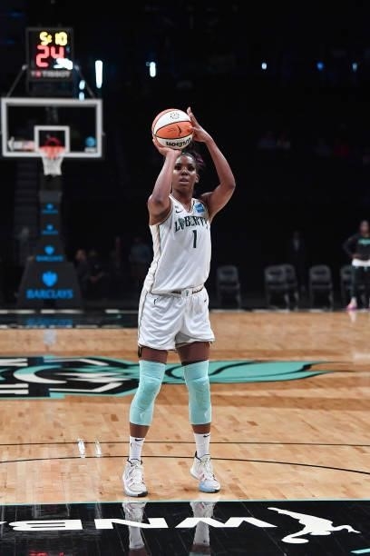 Reshanda Gray of the New York Liberty shoots a free throw against the Dallas Wings on July 5, 2021 at the Barclays Center in Brooklyn, New York. NOTE...