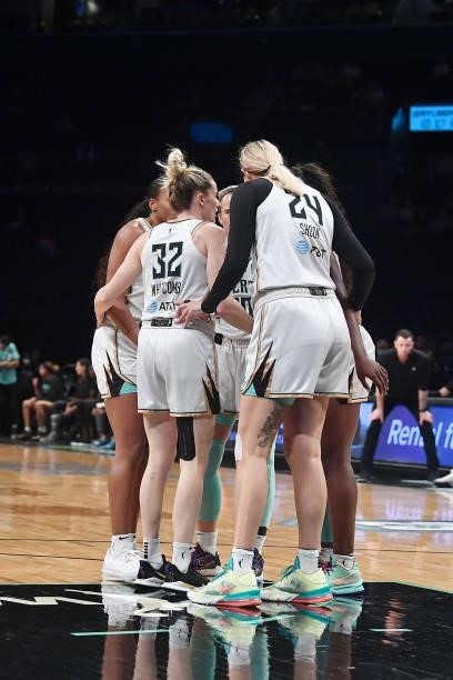 The New York Liberty huddle up during the game against the Dallas Wings on July 5, 2021 at the Barclays Center in Brooklyn, New York. NOTE TO USER:...