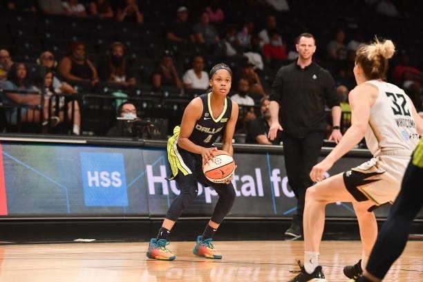 Moriah Jefferson of the Dallas Wings looks to shoot the ball against the New York Liberty on July 5, 2021 at the Barclays Center in Brooklyn, New...