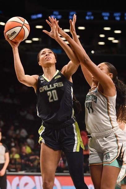 Isabelle Harrison of the Dallas Wings drives to the basket against the New York Liberty on July 5, 2021 at the Barclays Center in Brooklyn, New York....