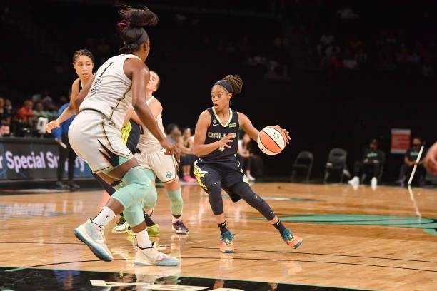 Moriah Jefferson of the Dallas Wings dribbles the ball against the New York Liberty on July 5, 2021 at the Barclays Center in Brooklyn, New York....