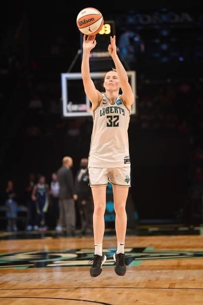 Sami Whitcomb of the New York Liberty shoots the ball against the Dallas Wings on July 5, 2021 at the Barclays Center in Brooklyn, New York. NOTE TO...